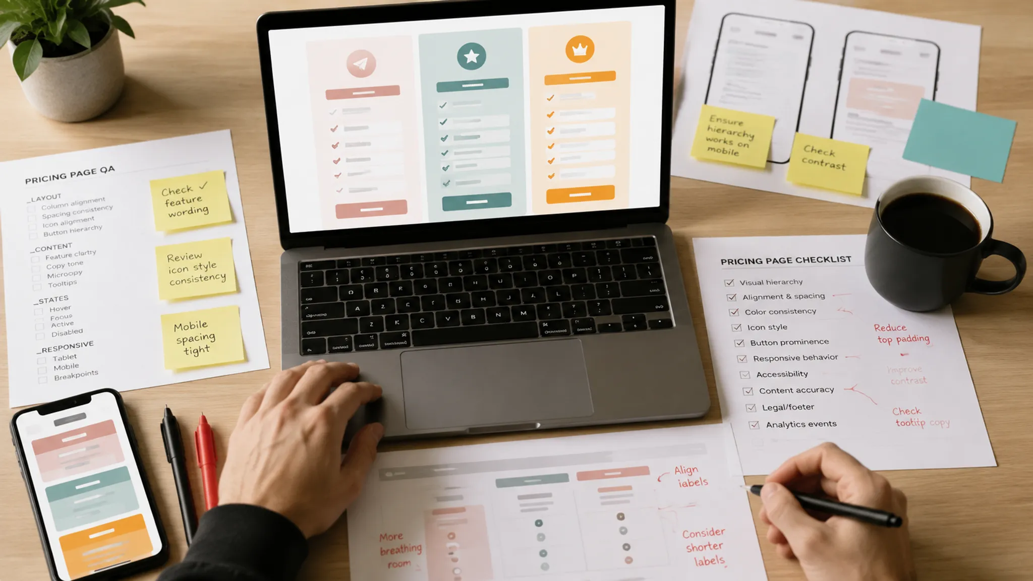 SaaS pricing page publishing review with plan comparisons, QA notes, and responsive states