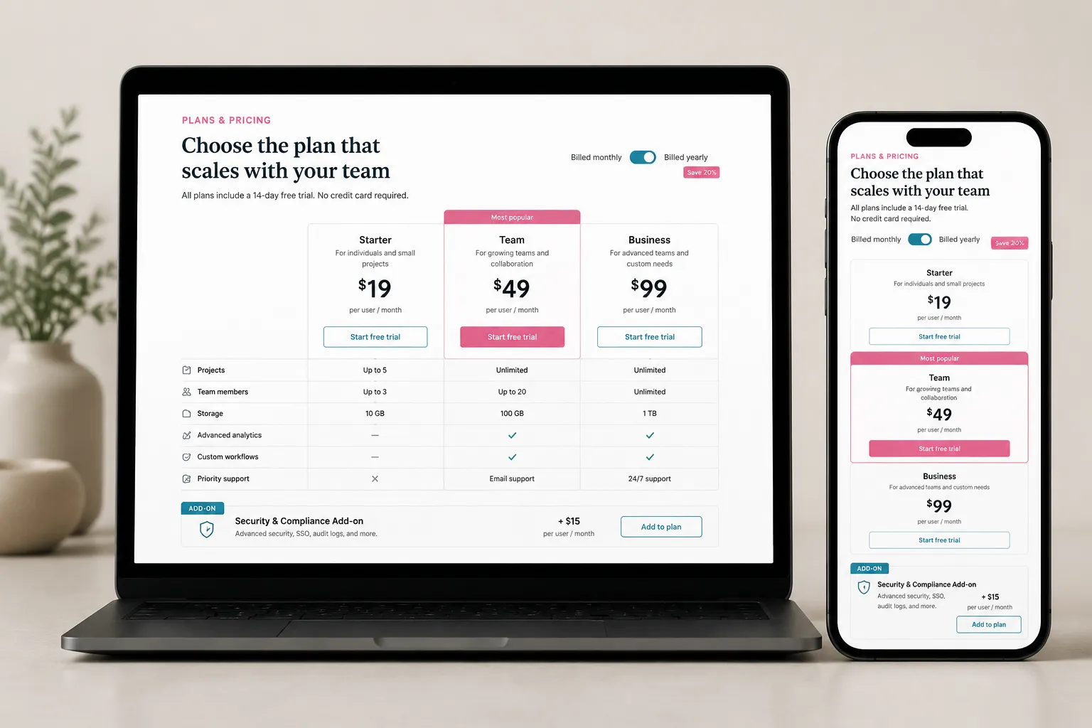 Desktop and mobile pricing table states showing plan labels, qualifiers, and add-on relationships