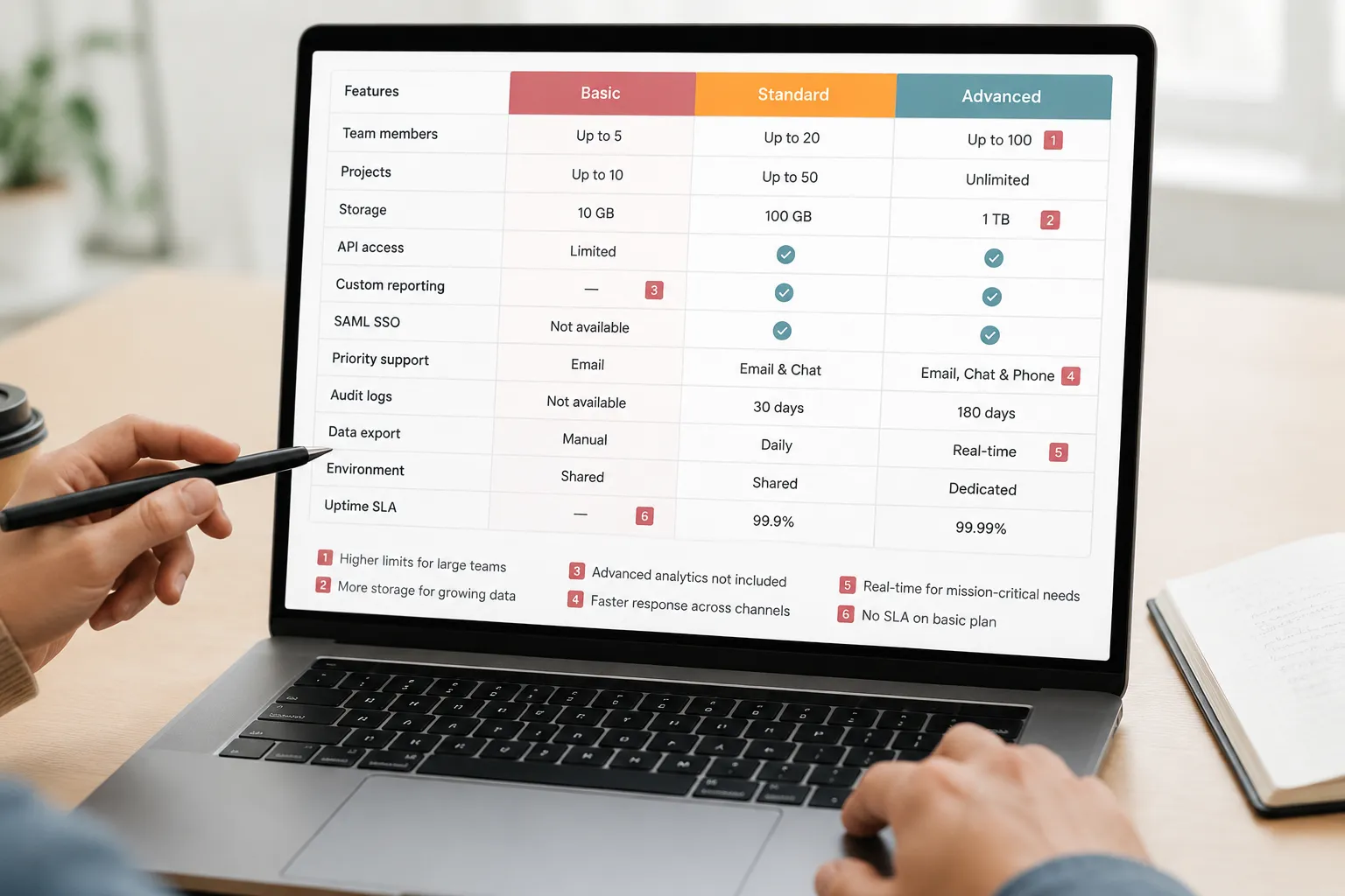 Annotated pricing comparison matrix with plan columns, feature rows, and unavailable state labels