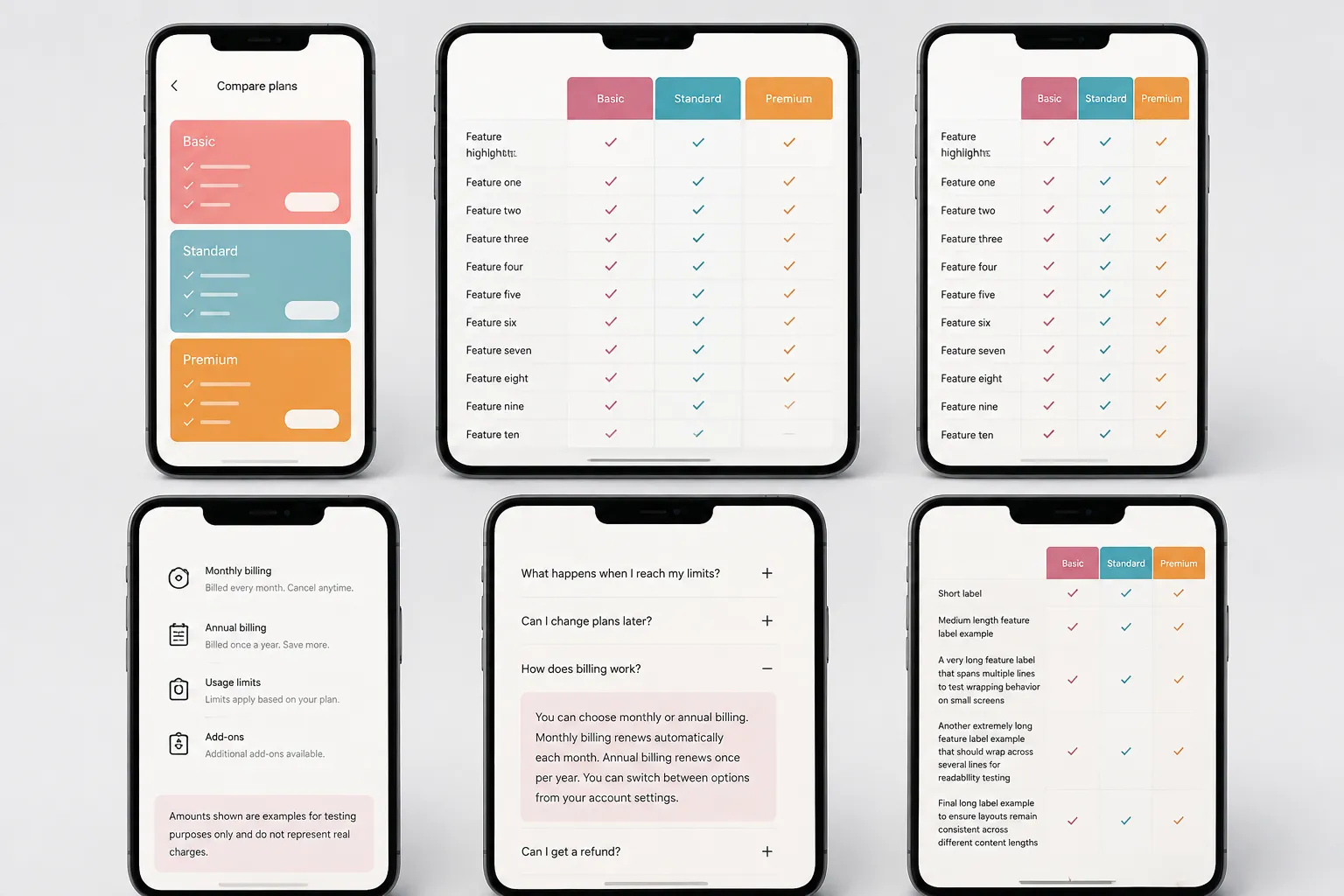 Mobile pricing table QA sequence with stacked plans, scrolling rows, disclosures, and expanded labels