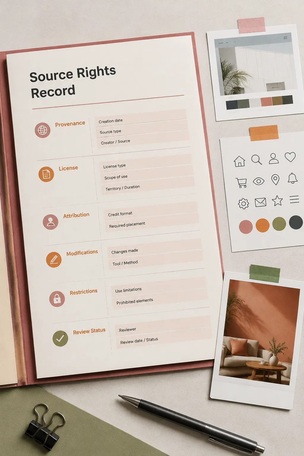 Source-rights record separating provenance, license, attribution, modifications, restrictions, and review status