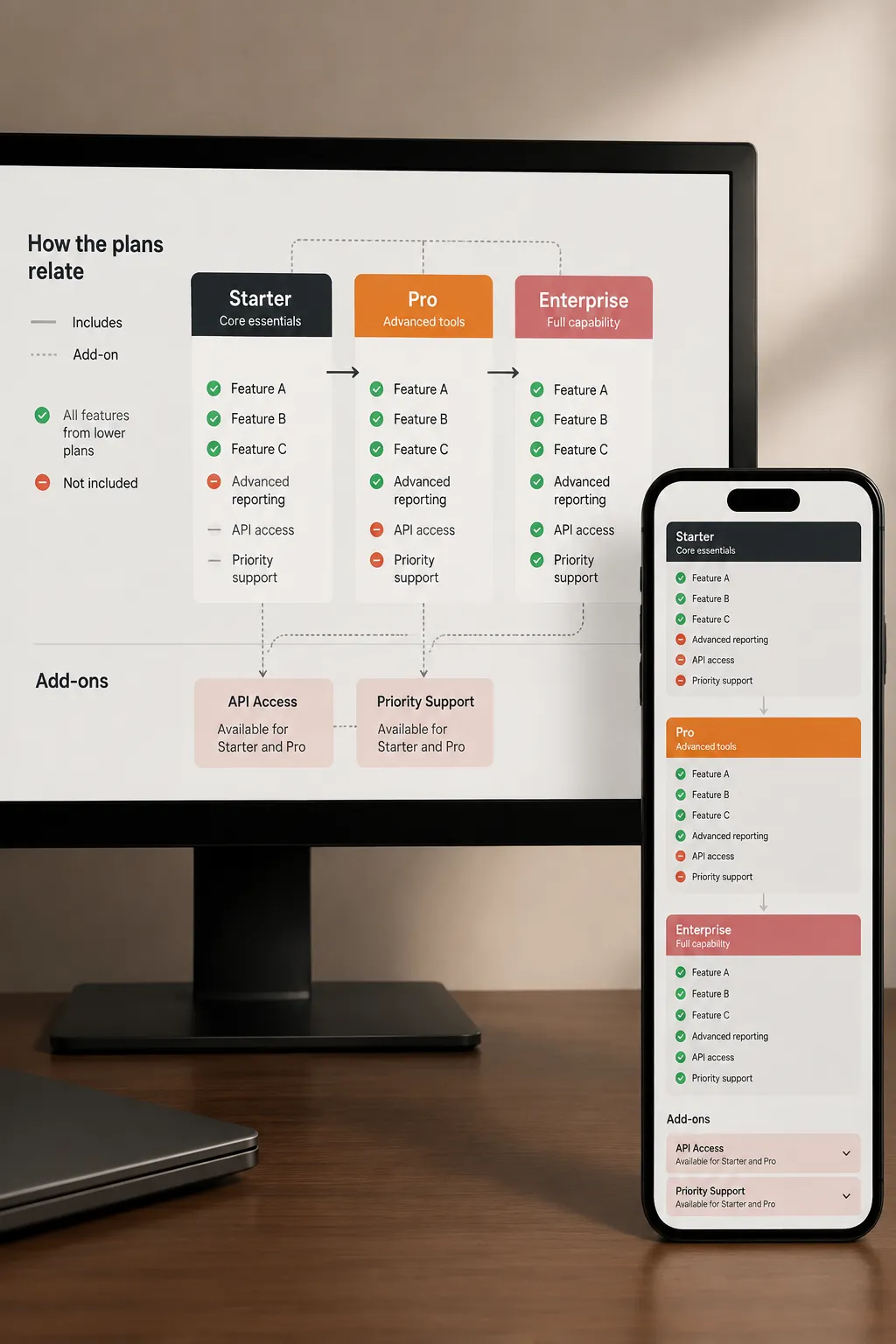 Desktop pricing diagram paired with a simplified mobile fallback that preserves plan labels and relationships