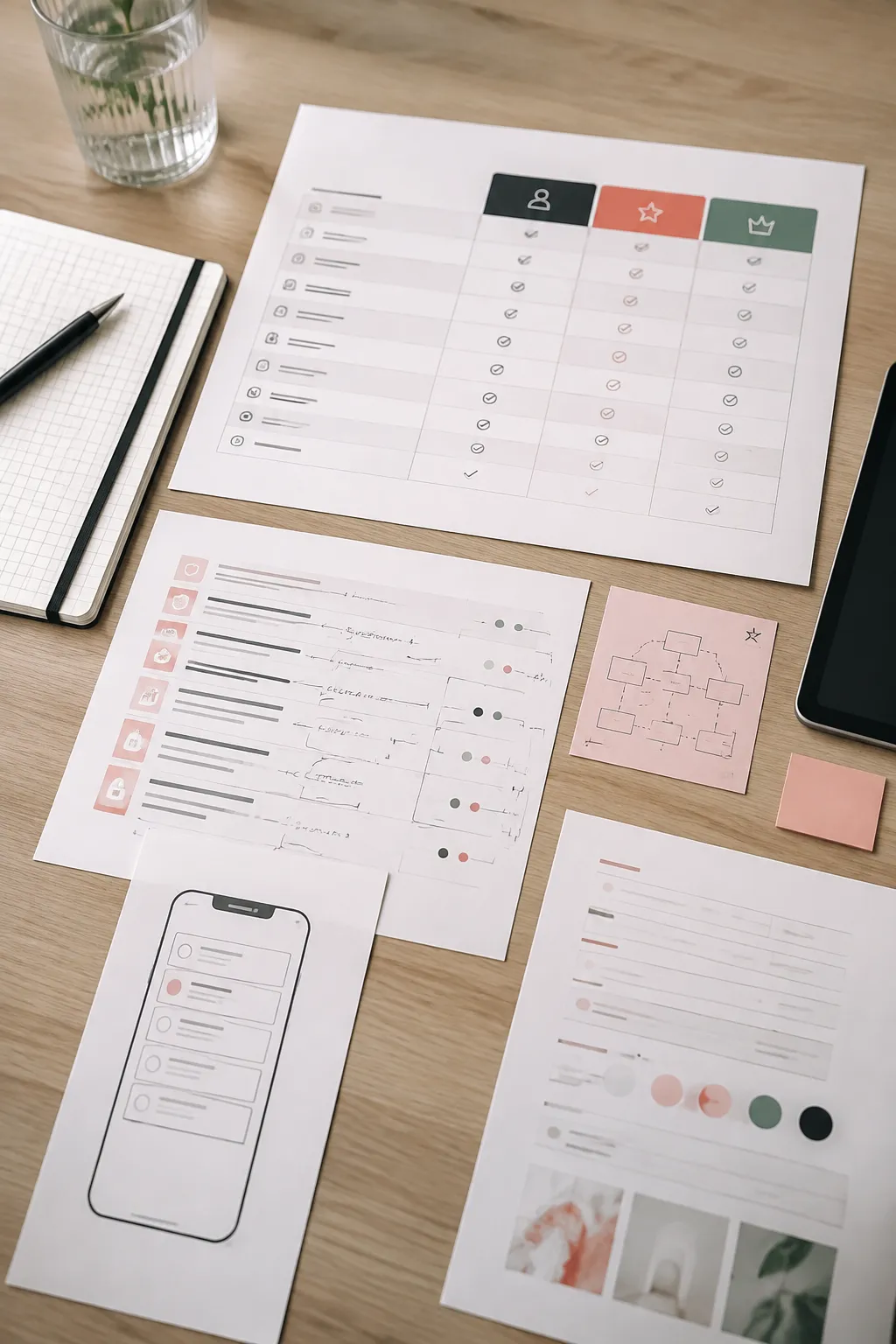Pricing-page asset brief showing plan columns, feature rows, add-on relationships, and mobile review requirements