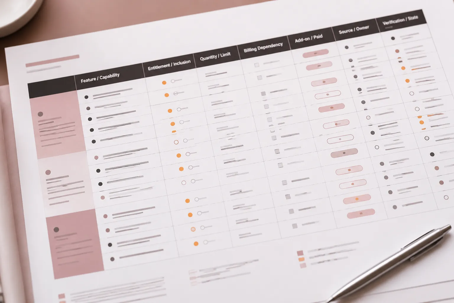 Structured SaaS feature inventory with entitlement, quantity, billing dependency, add-on, and verification fields