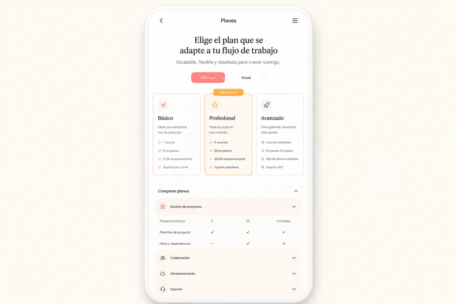 Mobile pricing page review showing readable plan details, limits, and expandable comparison content