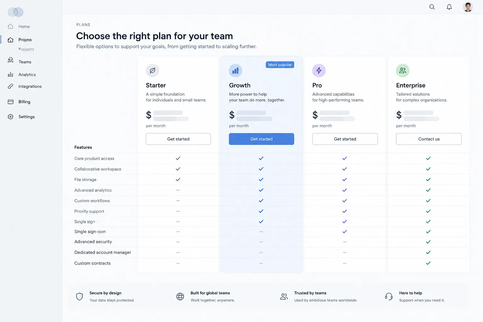 Desktop SaaS pricing comparison layout showing plan columns, tier cues, and feature rows