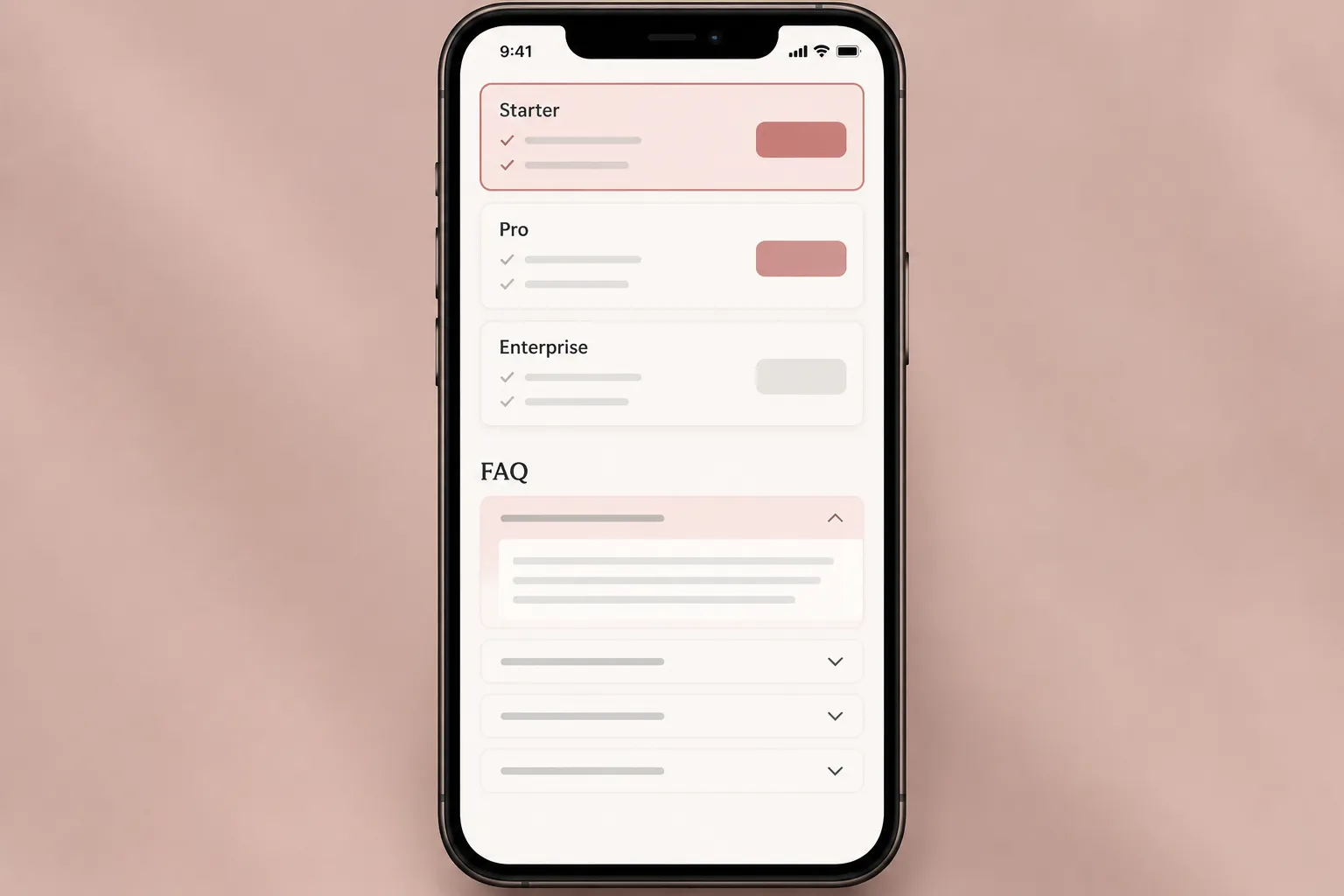 Mobile pricing comparison flow with accessible FAQ disclosure checks