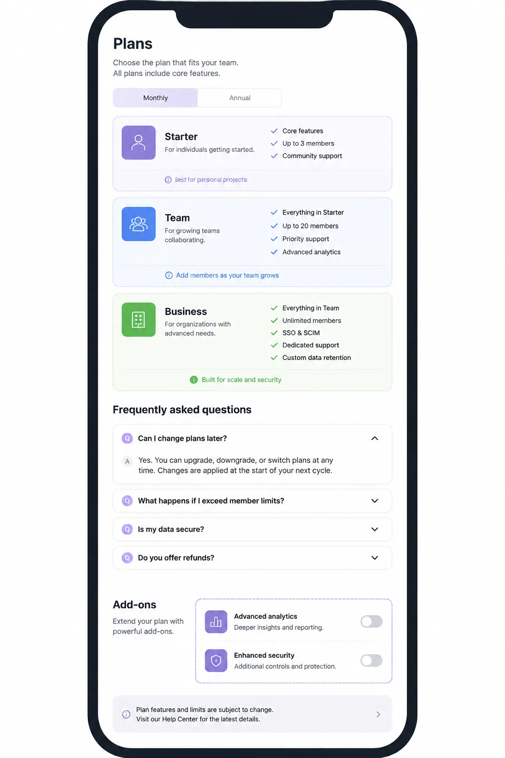 Mobile pricing-page review showing plan labels, qualifiers, and FAQ explanations remaining connected