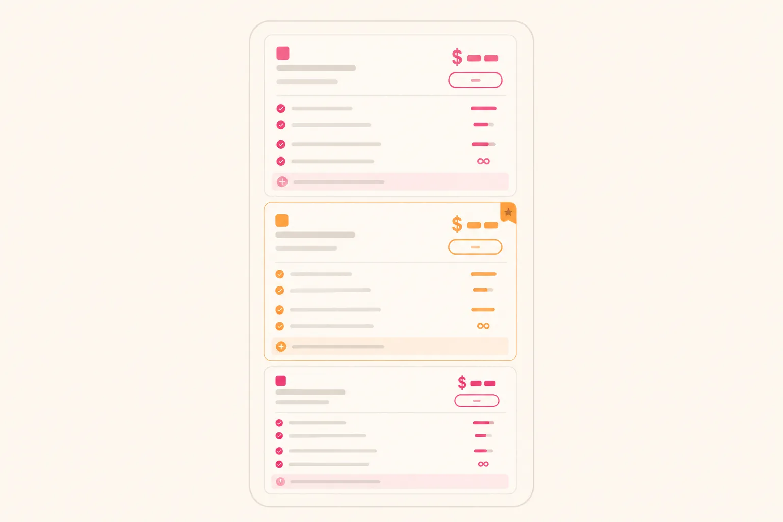 Mobile SaaS pricing comparison layout showing stacked plan details, billing labels, feature rows, and usage limits